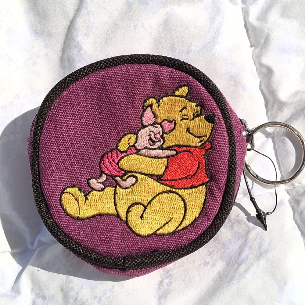 Vintage Disney Winnie the Pooh Piglet Embroidered Coin Purse Keychain Purple